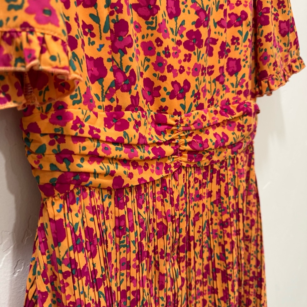 EUC Ivy City Co Bright Orange Pink Floral Pleated Dress Knee Length Women's 8 - Picture 7 of 14